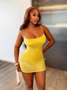 SHEIN BamGlam 女士涂层透视反光吊带裙 - 黃色 - 查看 3