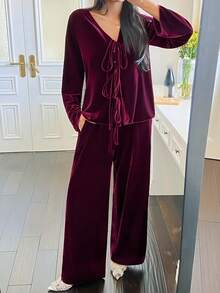 DAZY Women's Velvet Tie Design Pajama Set, Autumn/Winter - Burgundy - View 6