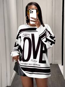 Slaydiva 休闲街头美式复古新款圆领露肩字母英文Logo印花长袖超宽松T恤裙杏色下装绿花女T恤-A - 黑與白 - 查看 6