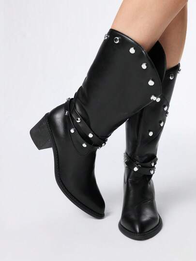 Women's Dark Rock Punk Goth Shoes, Black Leather Belt Buckle Rivet Motorcycle Boots, Leather Riding Knee-High Boots, Western Boots