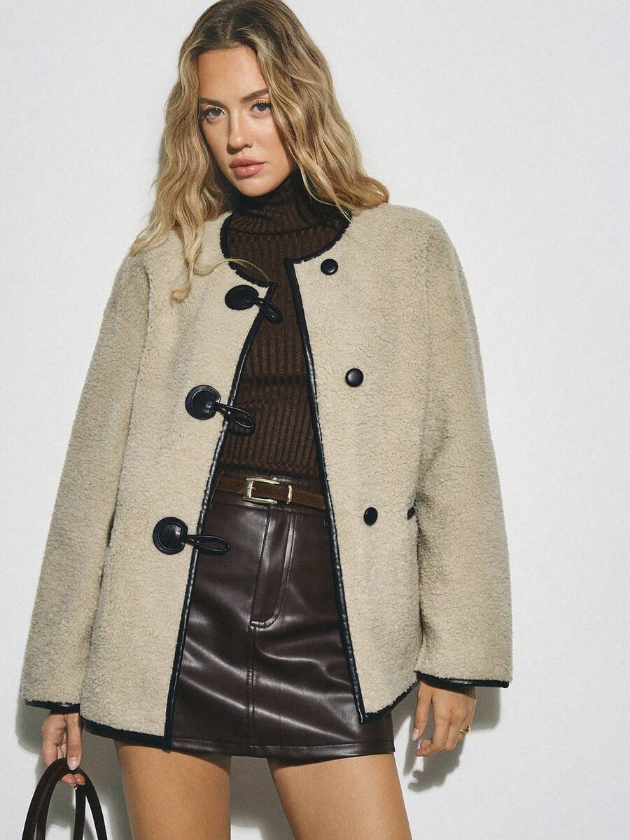 ATUI Studio 女士宽松休闲仿皮草长袖单排扣外套，秋冬季，情人节 - 杏色 - 查看 1