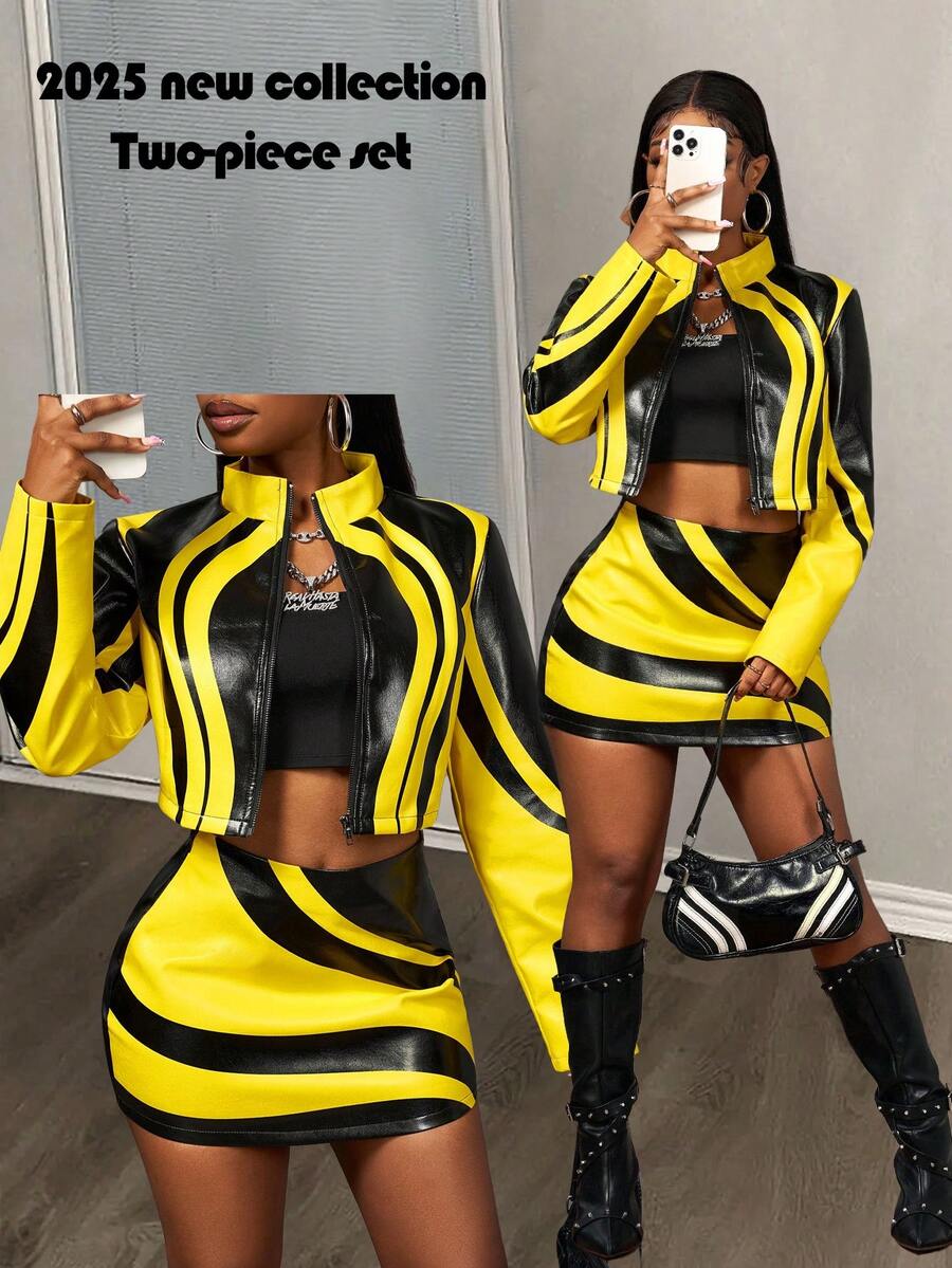 Slaydiva 2025 Höst Nytt Halloween Födelsedagsfest Bankett Collegestil Student Daglig Casual Kryssning Resor Viral Streetwear Sexig Klubb Y2K Punk Racing Motorcykelinspirerad Dam 2-delars Set: Långärmad Figurnära Jacka + Bodycon Minikjol, Svart Med Gult PU-Bläcktryck, Höst/Vinter - Multifärgad - Visa 1