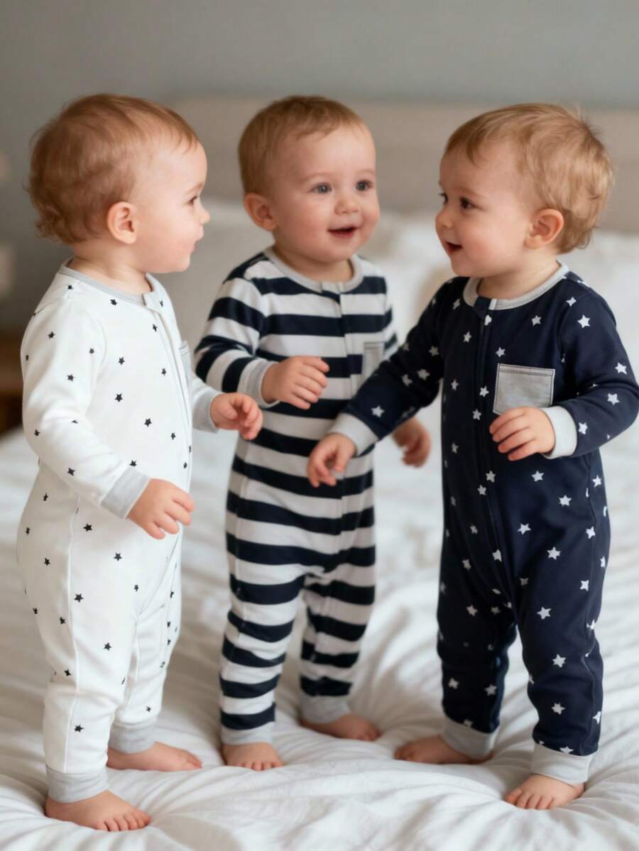 3pcs Baby Boy Soft & Comfortable Striped & Star Print Zipper Jumpsuit, Long Sleeve & Pants Homewear Set