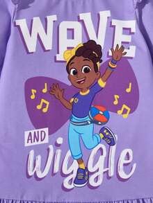 Blippi X SHEIN Young Girls' Cartoon Meekah Print Knit Round Neck Long Sleeve Ruffle Hem Dress Purple Girl Dress Cartoon Character Print Dress For Girl Long Sleeve Ruffle Dress - Purple - View 5