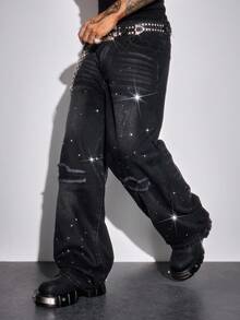 ROMWE MEN Street Life Men's Rhinestone Distressed Casual Loose Fit Washed Denim Jeans - Black - View 6