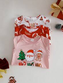 SHEIN 3pcs/Set Baby Girls' Basic Envelope Collar Cute Christmas Pattern Full Print Front Graphic Long Sleeve Bodysuits, Autumn/Winter - Multicolor - View 8
