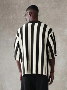 SUMWON Men's Ribbed Knit Button Down Polo Shirt Vertical Striped Short Sleeve Casual Summer Top - Black - View 2