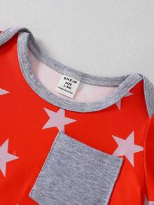 3pcs/Set Infant Boys' Red Star & Stripe Print Contrast Gray Pocket Romper Pajamas Casual Outfit - Multicolor - View 4