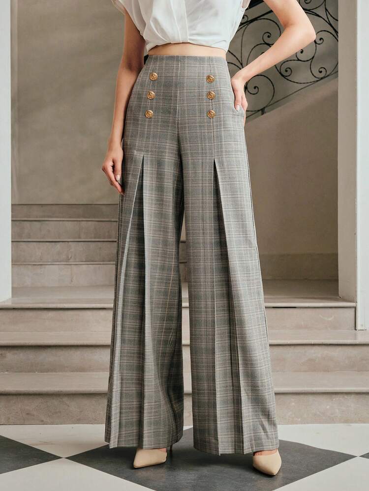 Fall & Winter Women's Clothing Wear Comfortable Casual Commuting Versatile Fashion Elegant Simple Classic Modern Back To School Season Tweed Plaid Decoration Classic Metal Button Pocket Slit Wide Leg Waist Zipper Women's Pants