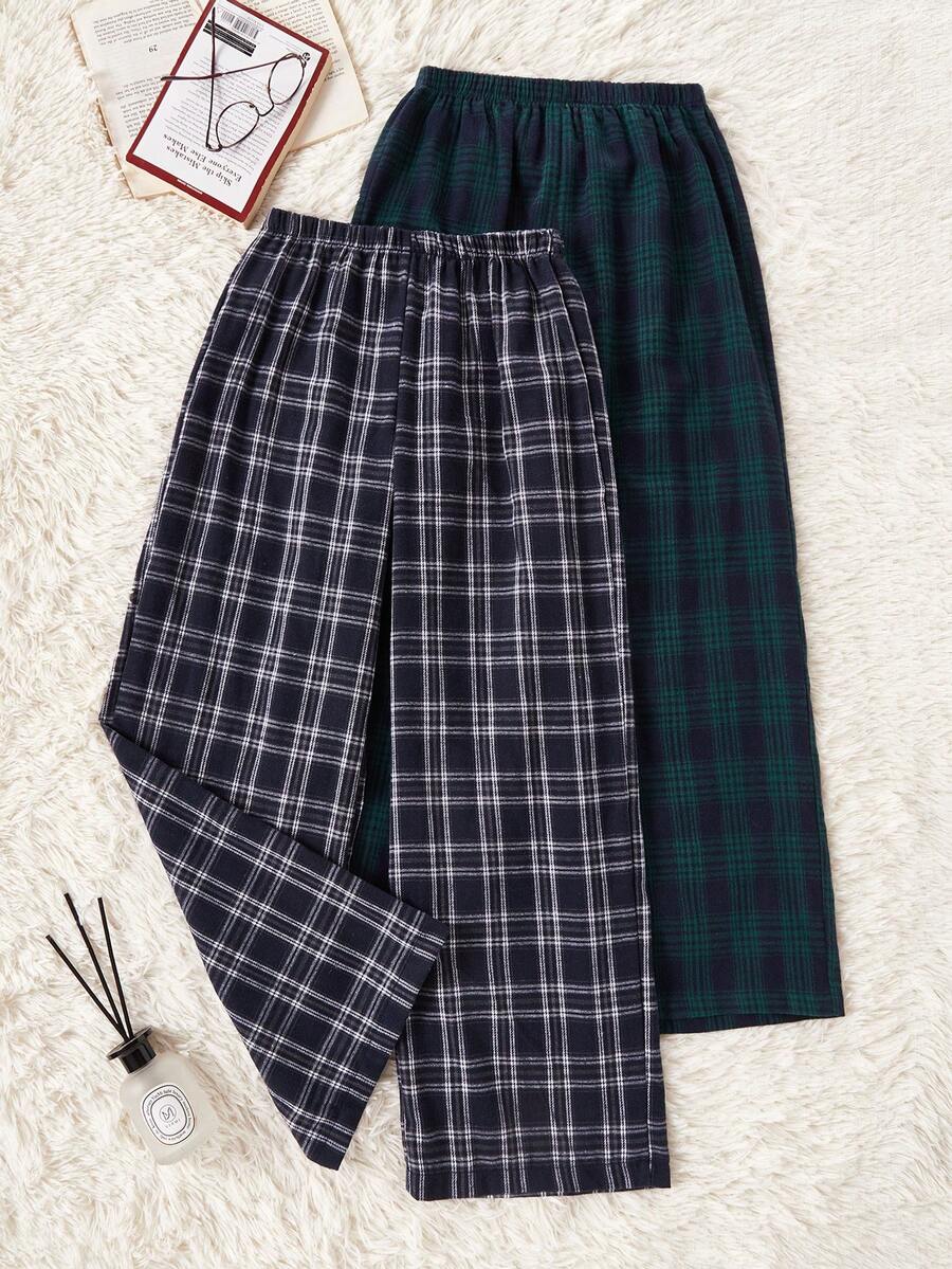 SHEIN 2 Stück Damen Karierte Schlafanzughose mit niedriger Taille, bequem und locker, Karierte Schlafanzughose, Herbst- und Winterkleidung - Verschiedenfarbig - Übersicht 1