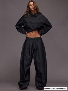 MUSERA 褶裥前片阔腿深色水洗牛仔裤，仅限秋季/冬季夜间外出、街头风、可爱、返校、性感、时尚 - 藏蓝色 - 查看 1