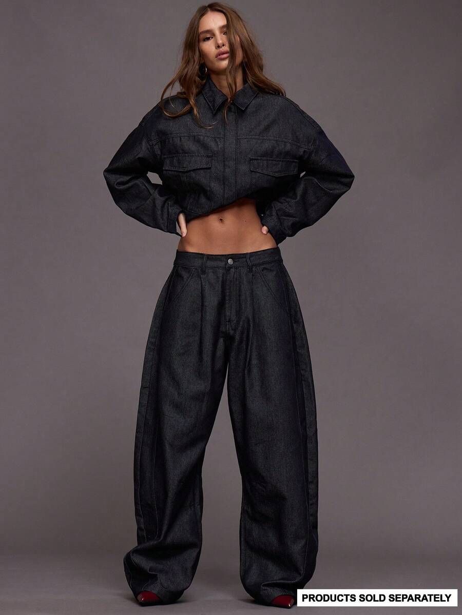 MUSERA 褶裥前片阔腿深色水洗牛仔裤，仅限秋季/冬季夜间外出、街头风、可爱、返校、性感、时尚 - 藏蓝色 - 查看 1