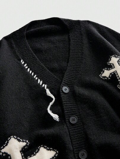 Goth Men's V-Neck Front Opening Long Sleeve Cross Knitted Casual Versatile Retro Cross Sweater