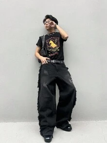 GALLERY FADE 男士流行實色刷毛寬鬆牛仔褲，寬大破洞深色洗水裤，帶口袋簡約黑色出行Y2K情侶裝