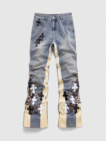 Street Life Jeans pour hommes avec patchwork contrasté et application de croix