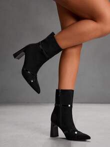 CUCCOO SZL Women's Fashionable Elegant Black Suede Chunky Heel Strap Ankle Boots, Versatile Street Style - Black - View 7