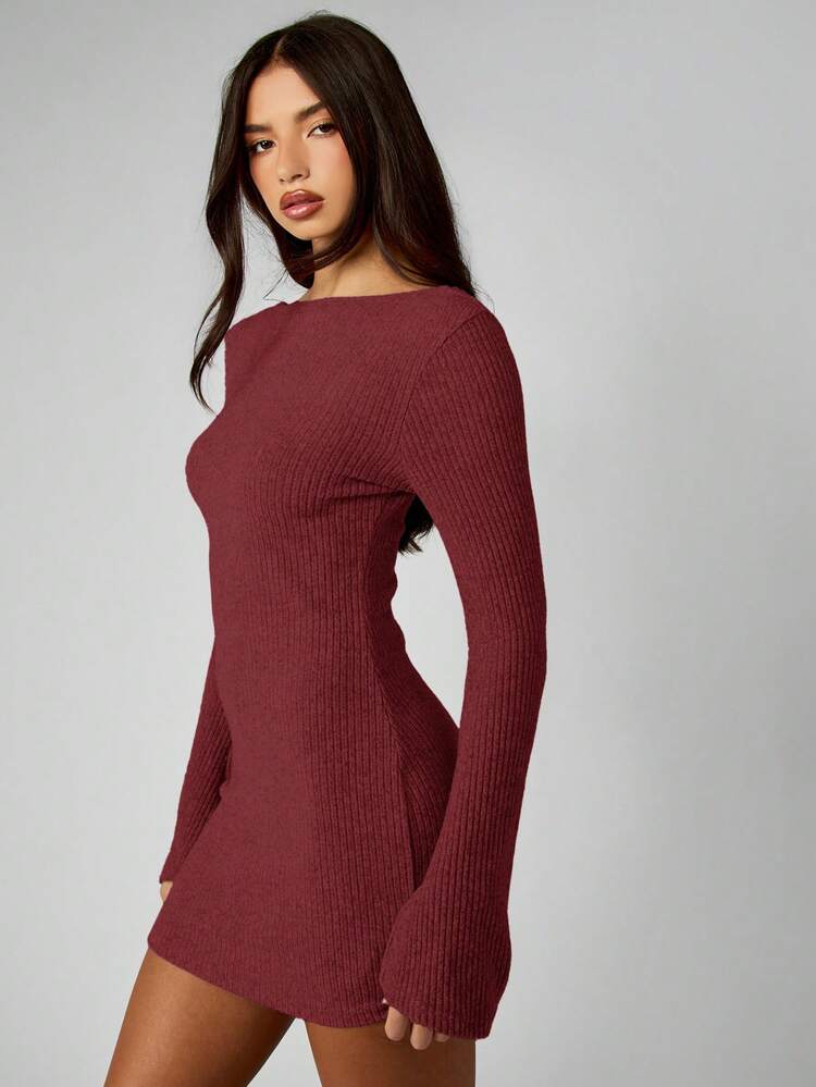 MISSGUIDED Ribbed Knit Long Sleeve Bodycon Mini Dress Off Shoulder Fall Winter Sweater Dress Christmas