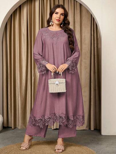 Graceveil Women's Round Neck Long Sleeve Long Top & Straight Leg Pants Lace Patchwork Loose Casual High-End Comfortable Plus Size Set