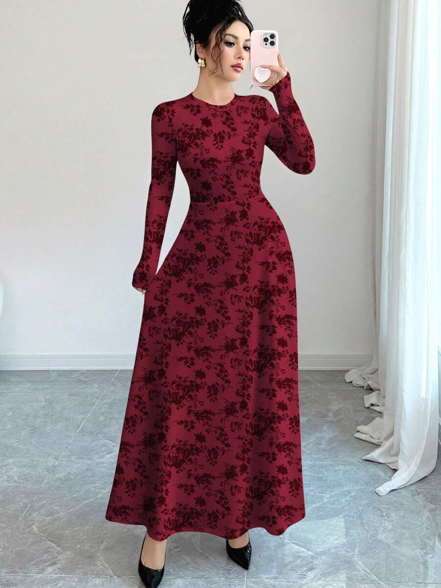 Modelyn Váy chữ A cổ tròn tay dài in họa tiết hoa màu đen thời trang dành cho nữ, mùa xuân/thu - Nhiều màu - Xem 1
