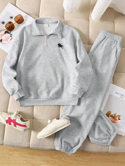 SHEIN Tween Girl Casual Streetwear Autumn/Winter Elastic Half-Zip Collar Letter Print Long Sleeve Loose Sweatshirt And Loose Printed Cuff Pants Set, Suitable For Daily Wear, Gray