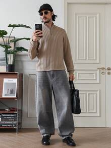 HUEFORM Quần jeans denim rách gối màu xám giặt phong cách đường phố giản dị, mùa thu - Xám - Xem 3