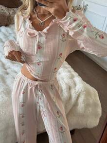 CottageSlumber 玫瑰图案荷叶边领抽绳蝴蝶结舒适修身女士睡衣套装 - 粉色 - 查看 1