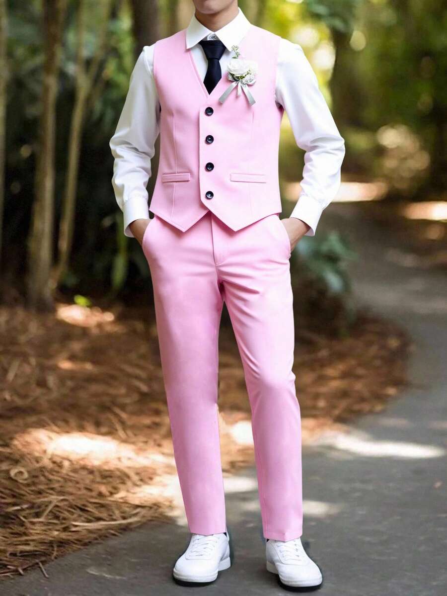 SHEIN 2 件套青少年男孩春夏韩式修身正装西装,包括宽松不对称背心和直筒休闲裤,适合婚礼、派对、主持、钢琴演奏会、聚会、走秀、洗礼、商务、生日、毕业典礼等场合 - 粉色 - 查看 1
