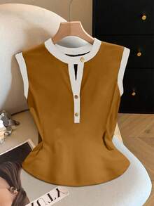 GlowEve 女士休闲/办公通勤撞色滚边无袖镂空上衣，夏季 - 棕色 - 查看 3