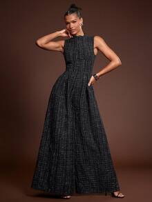 Hauture Extreme Wide Leg Zip Front Sleeveless Jumpsuit - Black and White - View 4