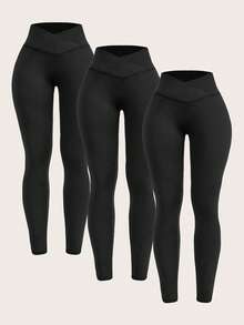 SHEIN Tween-Mädchen 3-teiliges schwarzes Leggings-Set, bequeme, lässige lange Hosen für den Alltag, Sport, Outdoor, einfarbig - Schwarz - Übersicht 1