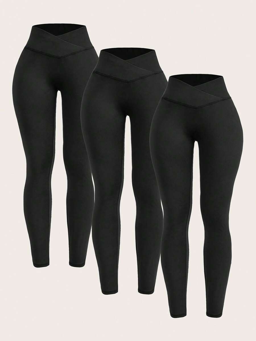 SHEIN Tween-Mädchen 3-teiliges schwarzes Leggings-Set, bequeme, lässige lange Hosen für den Alltag, Sport, Outdoor, einfarbig - Schwarz - Übersicht 1