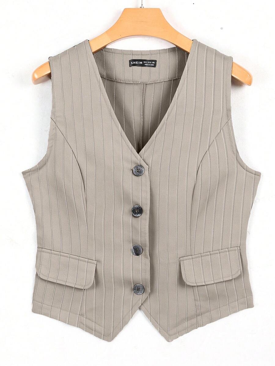 Modelyn 休闲通勤条纹前扣背心 - 卡其色 - 查看 1