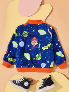 Blippi X SHEIN Young Boy Cartoon Graphic Contrast Trim Loose Fit Drop Shoulder Zip-Up Coat, Autumn/Winter - Blue - View 3