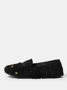 Styleloop Casual Commute Fringe Decor Flat Loafers - Black - View 2
