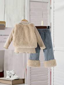 Girls Casual Fashion Simple Round Neck Long Sleeve Fitted Fleece Striped Khaki T-Shirt With Round Neck Sleeveless Short Fur Vest Jacket And Elastic Waist Long Flared Patchwork Fur Denim Pants 3-Piece Outfit, Girls Winter Fashion Suit - Khaki - View 2