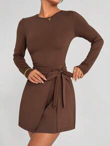 Dewbera Half-Wrap Long Sleeve Round Neck Tennis Style Sports Dress For Women - Brown - View 1
