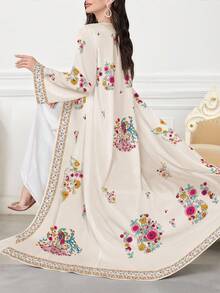 SHEIN Najma Women's Floral & Plant Print Long Sleeve Casual Arabic Abaya, Suitable For Spring And Autumn - Multicolor - View 3