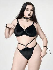 ROMWE Goth 大码哥特式三角杯文胸和丁字裤内衣套装 - 黑色 - 查看 1