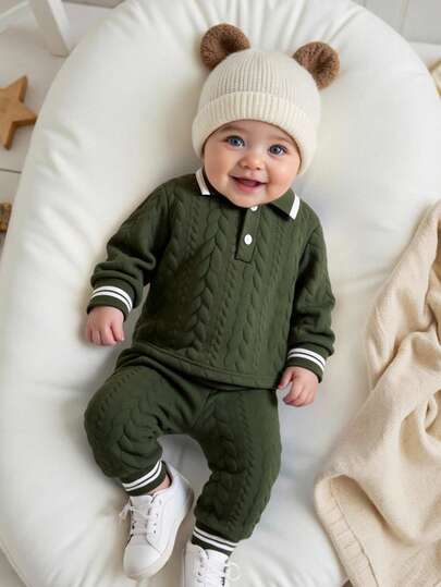 Vintaside Kids 2pcs Toddler Boys Jacquard Green Polo Shirt And Pants Set, Elegant Casual Outfit For Infant Outdoor Activities, Autumn/Winter