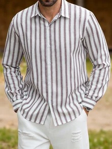Manfinity Homme 男士亚麻长袖条纹单排扣休闲通勤衬衫 男士条纹衬衫 男士长袖衬衫 酒红色和白色衬衫 男士沙滩休闲衬衫 男士邮轮衬衫 男士条纹衬衫 男士条纹长袖衬衫 适合日常休闲、周末旅行、户外活动、探险旅行、轻松的工作环境或半正式场合，可作为男友/丈夫礼物、周年纪念/生日礼物、派对、圣诞节、新年、婚礼礼物 - 紅色 - 查看 6