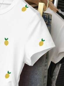 Resyla Women's Round Neck Waist Cinched Short Sleeve T-Shirt,Y Pineapple Print Design, Classic White, Casual Versatile Everyday & Outdoor Wear