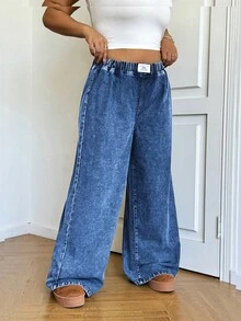 SHEIN ICON Plus Size Loose Elastic Waist Wide Leg Jeans, Black