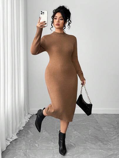 Cravure 大码纯色立领长袖针织连衣裙，秋冬休闲装