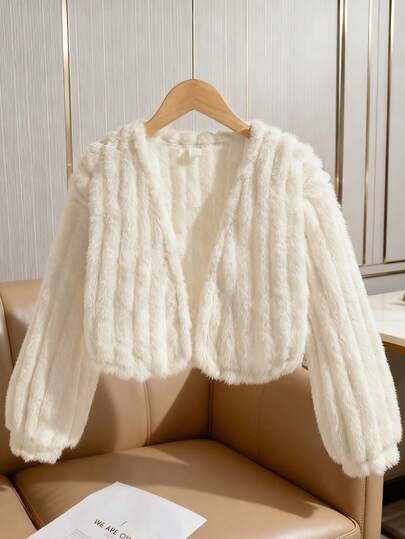 Sparklyn Chaqueta de cárdigan de piel sintética esponjosa para niñas, de color beige/crema versátil, de manga corta, de estilo casual elegante, nuncia para otoño/invierno