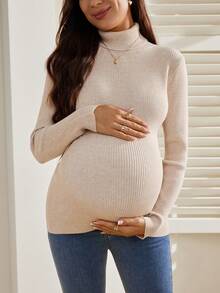 SHEIN Suéter de cuello alto acanalado de maternidad, capa base elástica y ajustada - Albaricoque - Ver 3