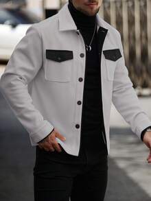 Manfinity Homme 男士休闲时尚街头撞色翻盖口袋单排扣羊毛大衣，秋冬 - 灰色 - 查看 3