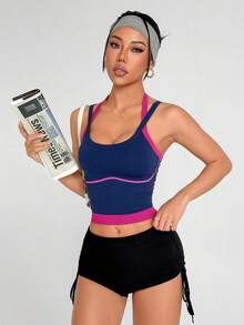 Dewbera 女式撞色二合一短款修身运动背心 - 藏蓝色 - 查看 3