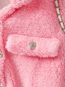 Tween Girl Plain Long Sleeve Lapel Fluffy Jacket - Pink - View 5