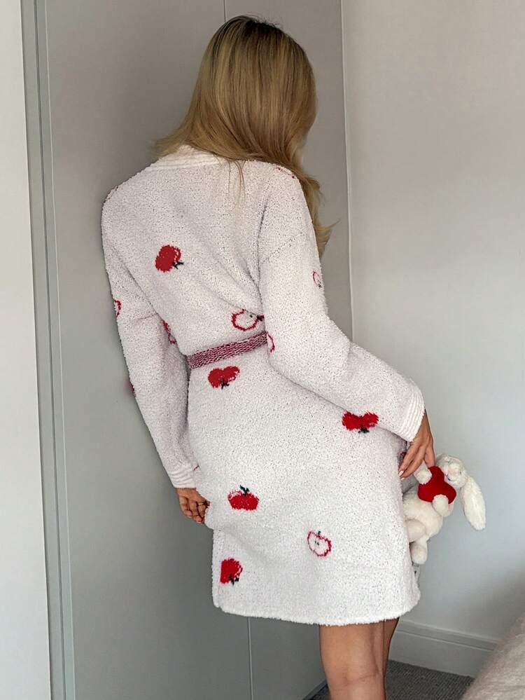 Apple Pattern Loose Long Sleeve Knitted Robe Loungewear Jacket, Autumn/Winter