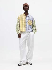 SUMWON Crop Fit Long Sleeve Color Block Check Button Down Shirt With Plaid Pattern Casual - Multicolor - View 3